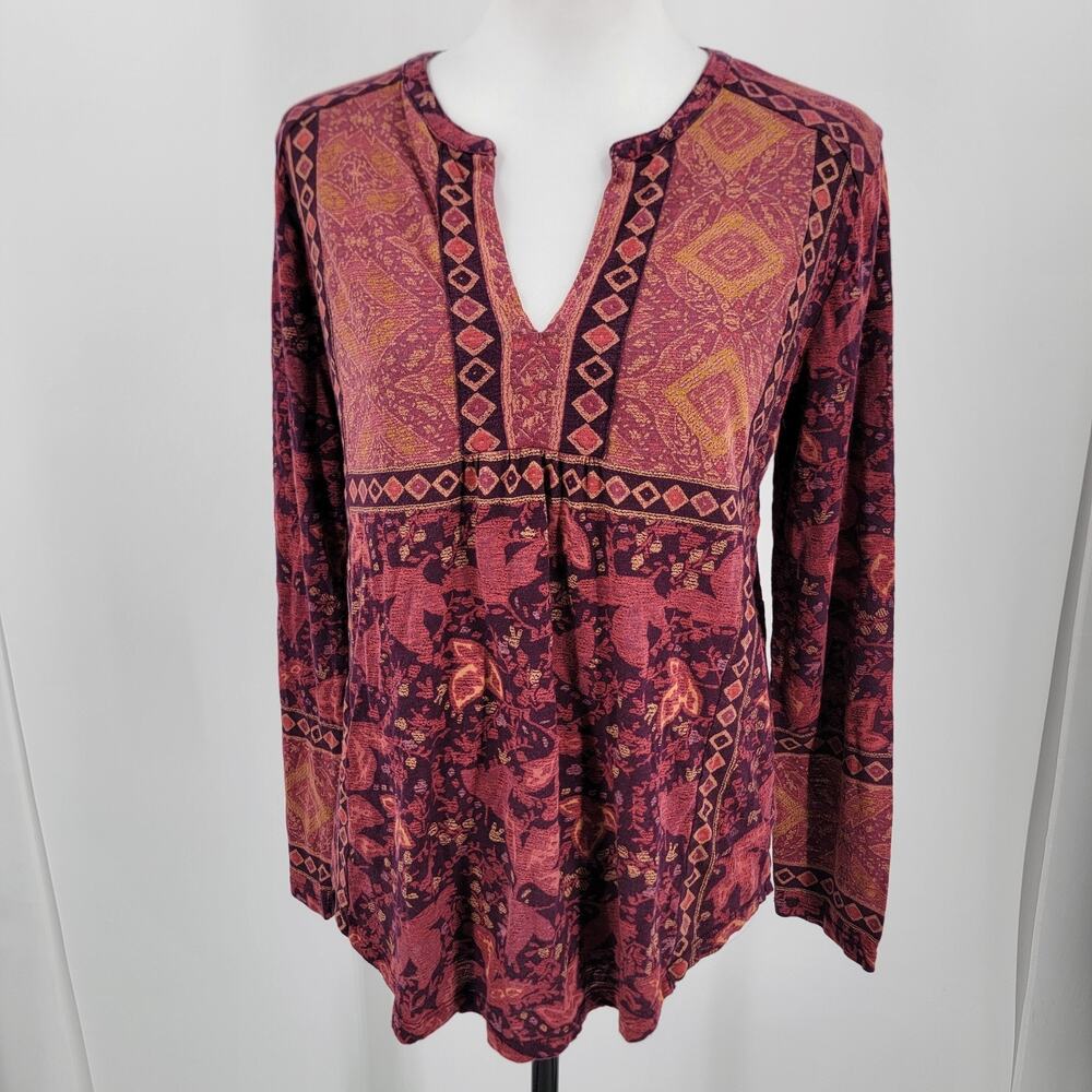 Lucky Brand Top Womens Medium Mixed Print V Neck Split Back Hem Boho Peasant